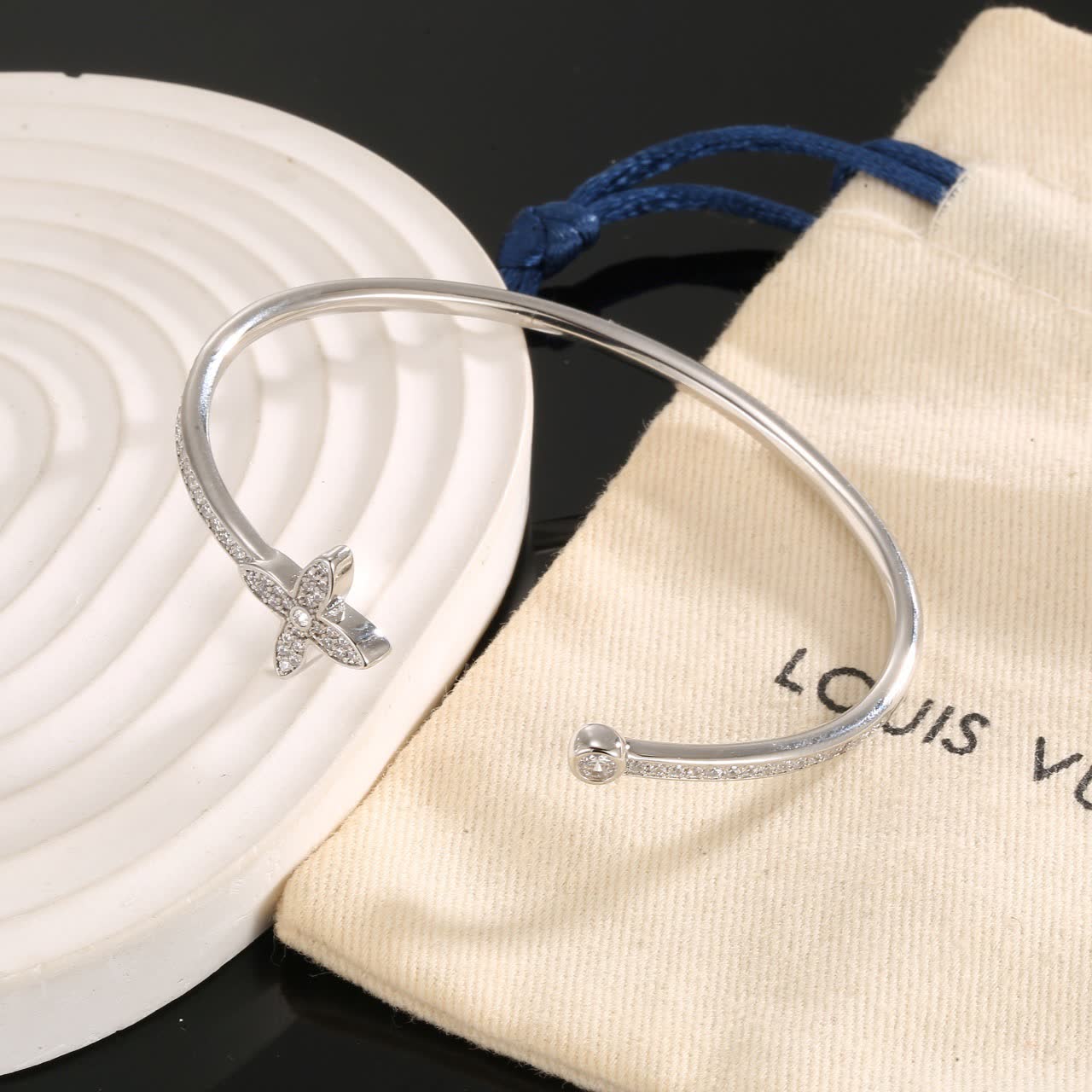 Louis Vuitton Silver Diamond Flower Cuff Bracelet